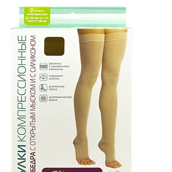 ЧУЛКИ КОМПРЕССИОННЫЕ ДО БЕДРА С ЗАКР/ОТКР МЫСКОМ И СИЛИКОНОМ 1КЛ СМОЛЕНСК КРЕМОВЫЙ 